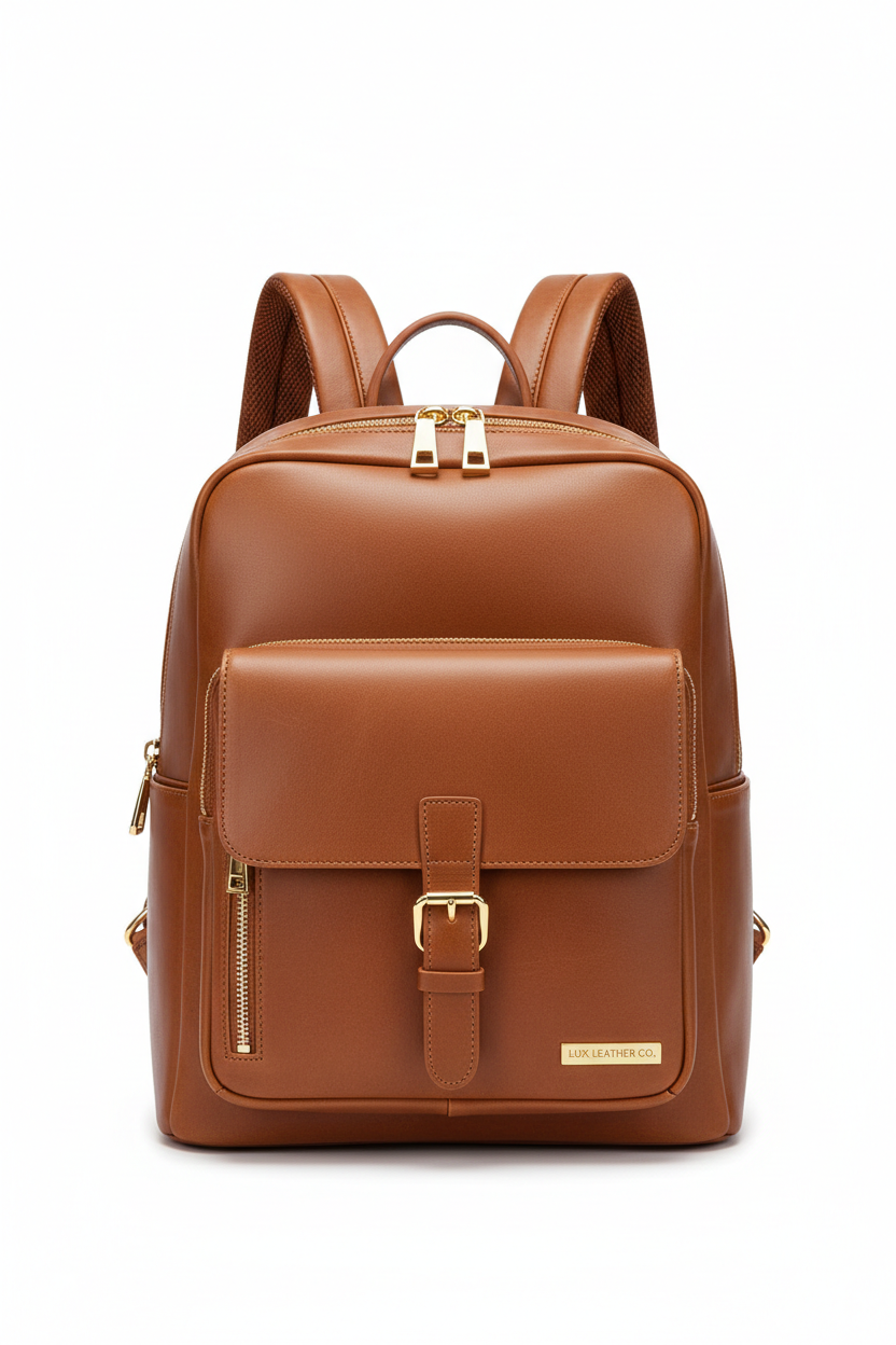 Premium Leather Laptop Backpack tan brown with gold hardware