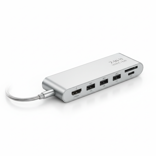 USB-C Hub 7-in-1 silver aluminum multiport adapter