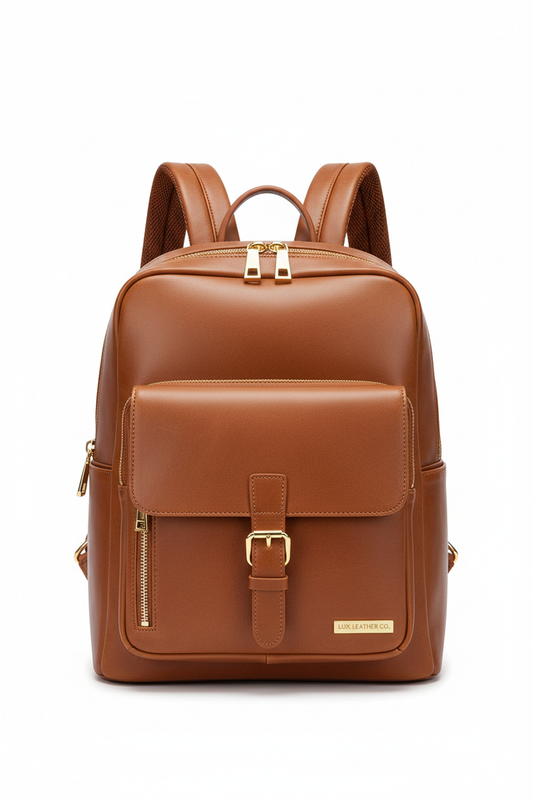Premium Leather Laptop Backpack tan brown with gold hardware